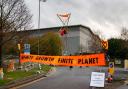 Peterborough’s Amazon is closed as Police and XR (Extinction Rebellion) close roads and access to the distribution centre. Stanground, Peterborough Friday 26 November 2021