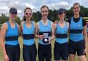 St Neots women\'s open coxed four winners at Nottingham: Emily McPherson, Olivia Marsh, cox Matt Wigmore, Natalie Yanusauskas, Emily Anagnostos.