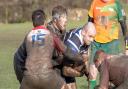 Mike Brennan powers over for the St Ives try supported by Oli Watts.