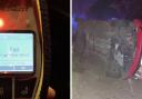 The failed roadside breath test and the overturned car.