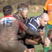 Mike Brennan powers over for the St Ives try supported by Oli Watts.