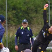 Jon Carpenter bowling for Eaton Socon during their win over Cambridge.