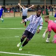 Enoch Andoh wheels away after putting St Ives Town 2-1 up against Chasetown in the FA Cup