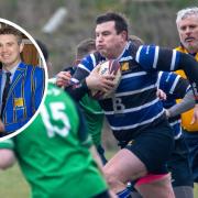 St Ives Rugby Club's John Paxton on the charge against Long Buckby. Inset: Chairman Ross Thompson presents Ben Fleming with his 100th cap.