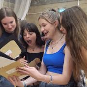 From L to R: Pippa Lomas, Olivia Keightley, Nina Green, Ines Lopez, Libby Harris excitably opened their results alongside one another at the school