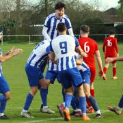 Celebrations as Roberts scores the late winner for Eynesbury.