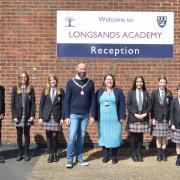 Richard Slade, Mayor of St Neots, with students at Longsands.