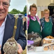 Left: Godmanchester’s town mayor, Councillor Alan Hooker, with Harry, a non-nocturnal African hedgehog. Right: The Muddy Trowel Café team.