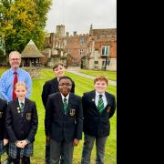 Andy Hunter with a group of new Year 7 students at Hinchingbrooke School/