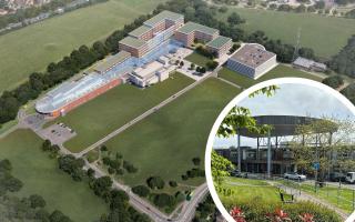 Main image is an artist's impression of the new Hinchingbrooke Hospital in Huntingdon. (Inset is of