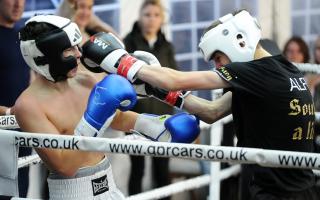 Alfie Shaw (white headguard) [LKBA] against Tommy Young [Eddie's Gym]. The fight ended in a draw.