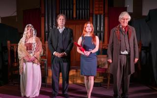 (L-R): Mary Bellingham, (played by  Christine Suggars), John Bellingham, (played by Nigel Moorhouse), Narrator, (played by Grace Chapman) and Judge, (played by Richard Fitt).